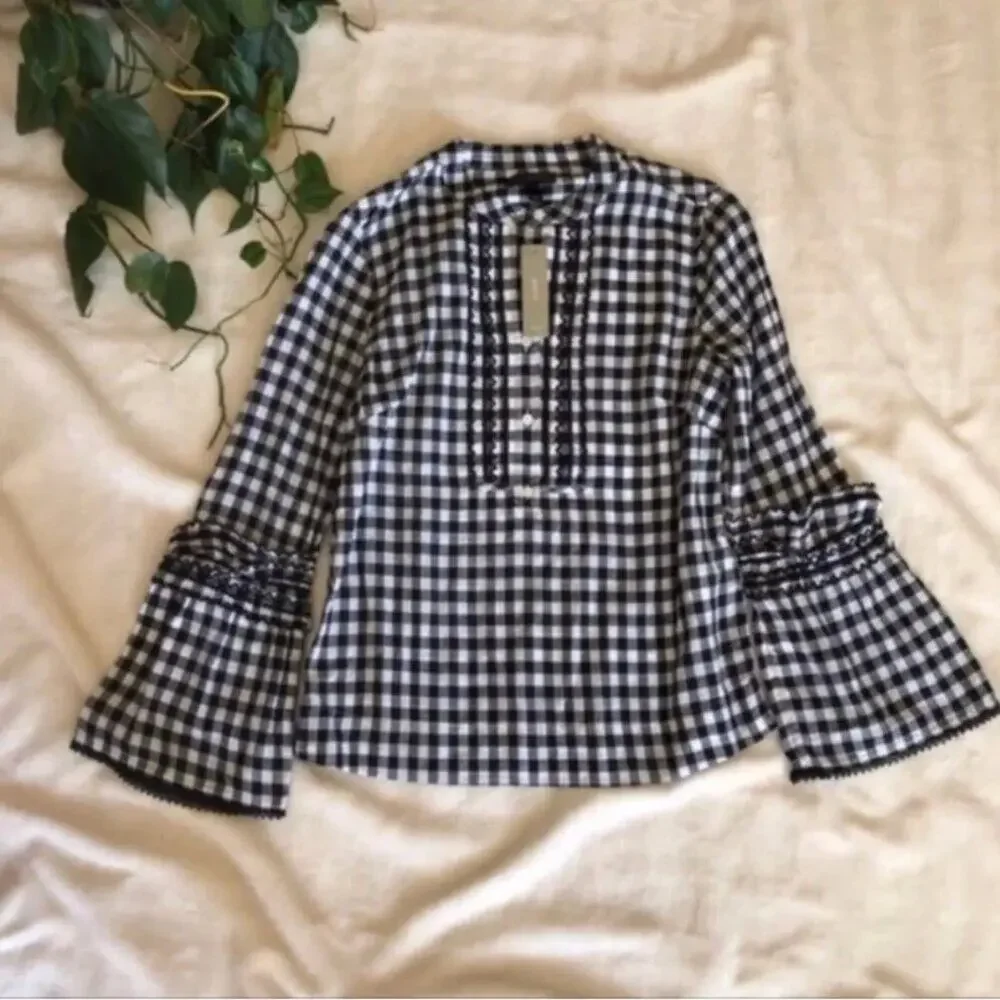 J. Crew Gingham Embroidered Bell Sleeve Popover
